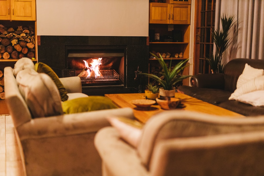 Cosy fireplace lounge in a Japandi managed design property