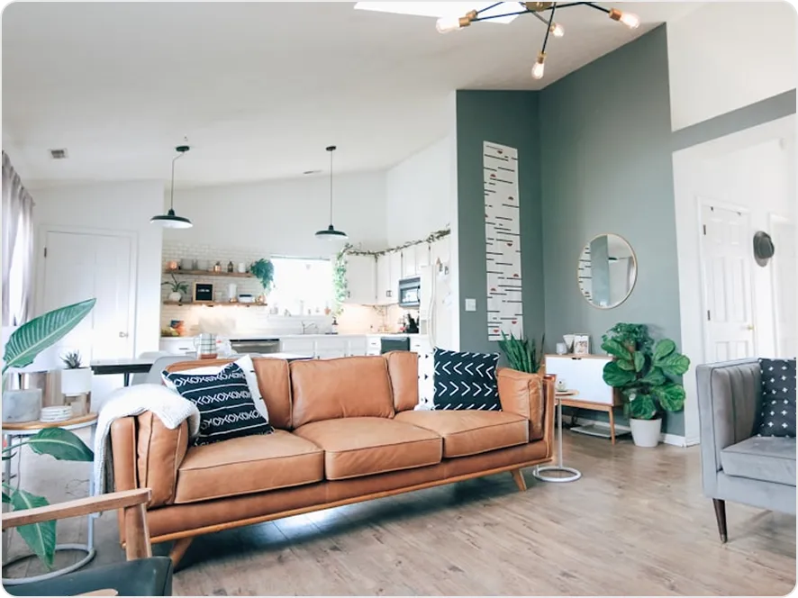 Bright, modern living room in a Japandi managed home